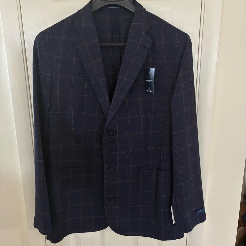 Stafford Mens Navy Windowpane Wool Blend‎ Sport Coat Blazer 46L Classic Fit NEW